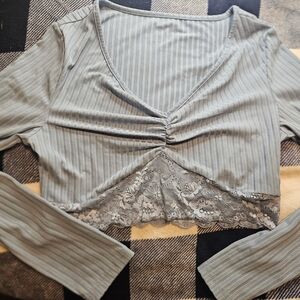 Gray Lace Trim V-Neck Women's Top